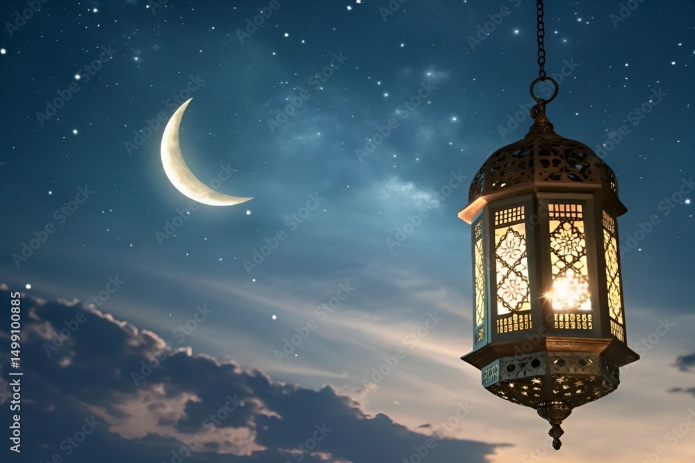 Photo-Realistic Crescent Moon and Golden Lantern Against Starry Night Sky Photo-Realistic Crescent Moon and Golden Lantern Against Starry Night Sky