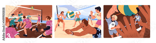 Set of volleyball players are playing in competitions. Teams of athletes in uniform training on beach, court, gym. Sportsmen catch and bounce ball in sports game, match. Flat vector illustrations