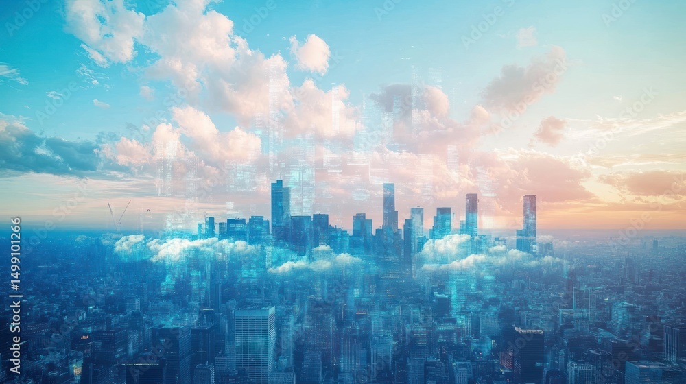 Fototapeta premium Futuristic city skyline at sunrise