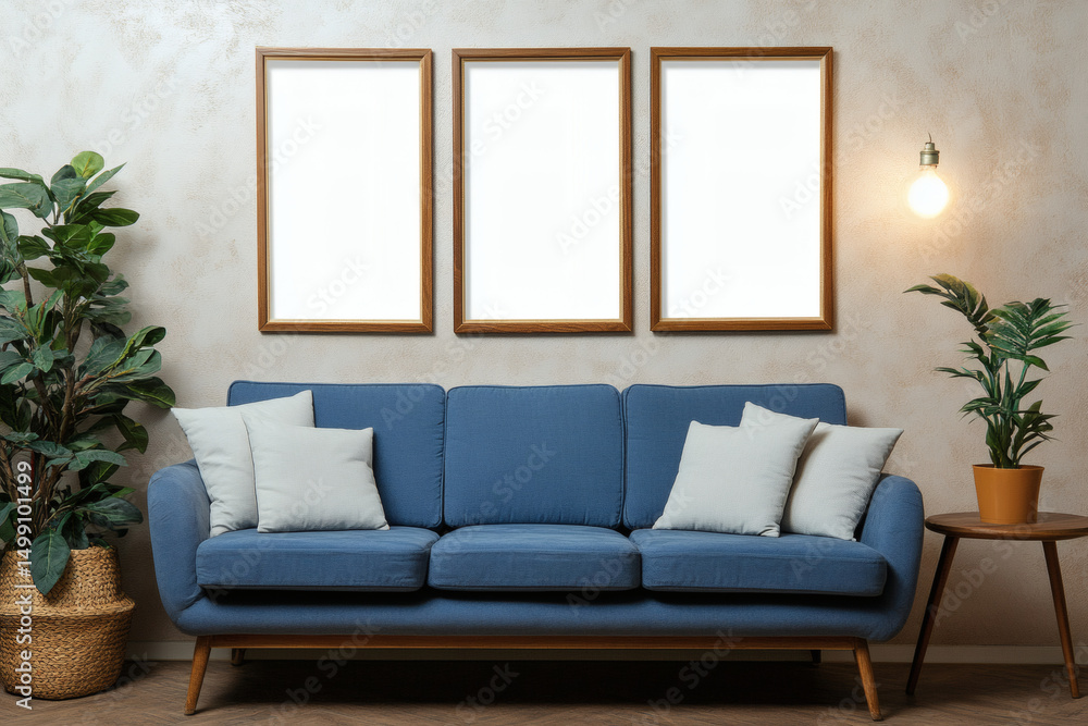 Vertical clean mockup with three blank poster frames above a sofa in a modern living room interior with plant and light background. Ai generative.
Vertical clean mockup with three blank poster frames above a sofa in a modern living room interior with plant and light background. Ai generative.