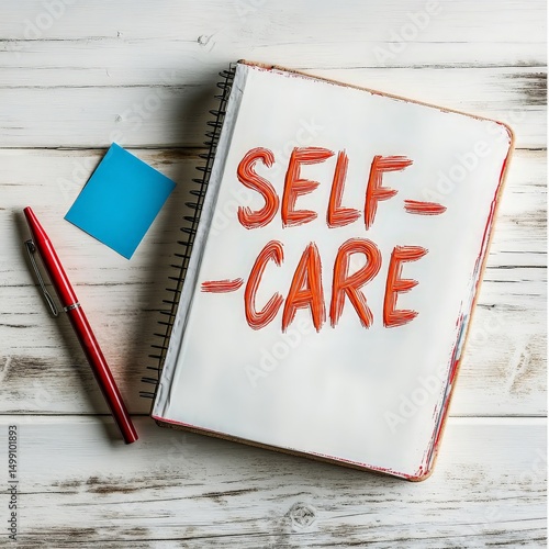 Self-care checklist written in notebook with pen on wooden surface