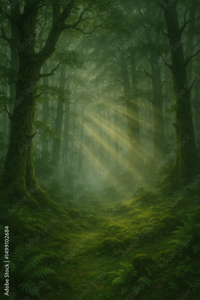 Naklejka premium Misty forest with sun rays shining through trees.