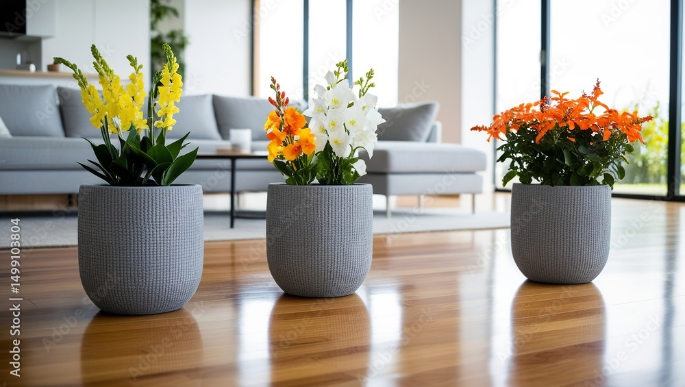 Fototapeta premium Three Potted Flowers Adding Color to a Modern Home 