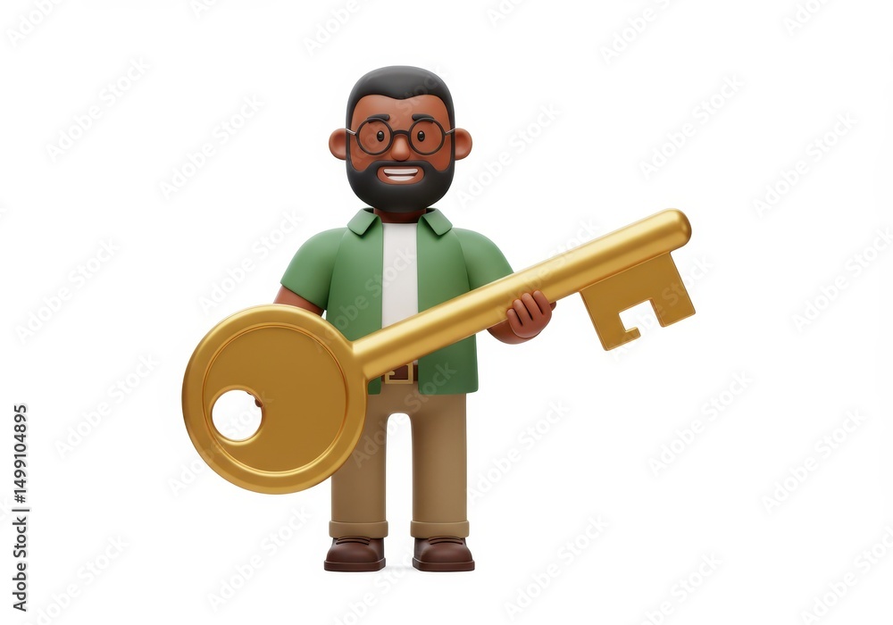 Naklejka premium 3D Illustration of Cartoon man holding a large golden key isolated on white background
