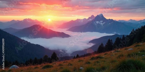 Sunrise over Tatra peaks, mist shrouds valleys, wild, peaks, hiking