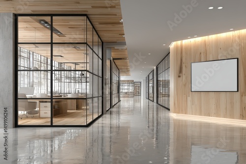 Modern office space with glass partitions and wooden accents.
