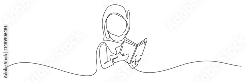 one continuous line muslim woman reading book. vector illustration one line arabic with learning activities. line art. eps 10