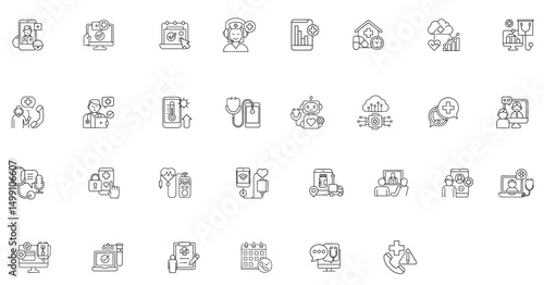 Telehealth collection icon set showing various healthcare and medical technology concepts line