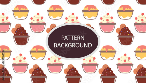 shaved ice pattern background. Shaved Ice with Topping .vector pattern with ice cream and Korean traditional ice flakes dessert called bingsu. Menu, poster, banner, flyer template for a cafe.