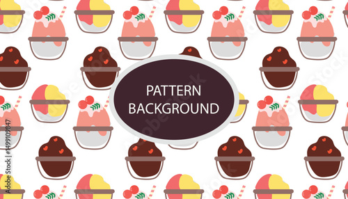 shaved ice pattern background. Shaved Ice with Topping .vector pattern with ice cream and Korean traditional ice flakes dessert called bingsu. Menu, poster, banner, flyer template for a cafe.
