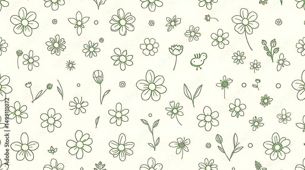 Fototapeta premium Flower Pattern with Leaf and Bird Illustration