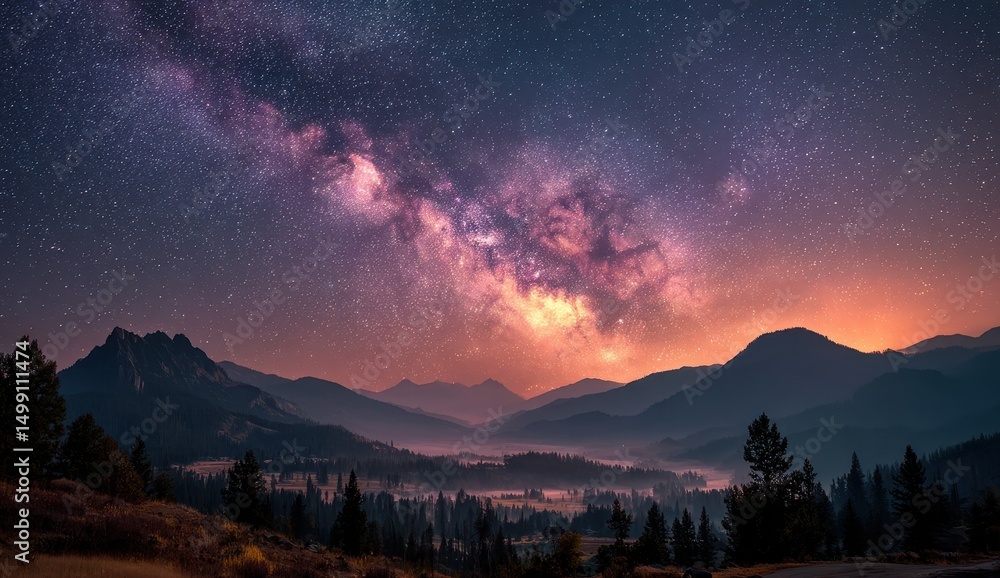 Fototapeta premium Stunning Milky Way over serene mountain landscape at dusk.