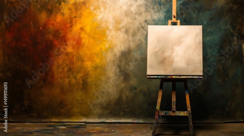 Blank Canvas on Easel in Colorful Art Studio Creative Workspace