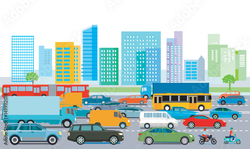 Stadtübersicht mit Schnellstraße im Verkehrsstau illustration.eps