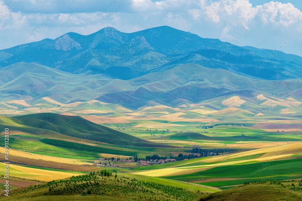 Fototapeta premium Rolling Hills and Distant Mountains Serene Landscape