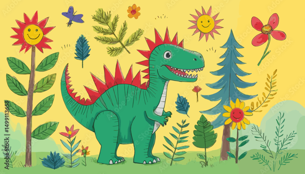 Naklejka premium Colorful Cartoon Dinosaur in a Vibrant Nature Setting with Smiling Sun and Flowers