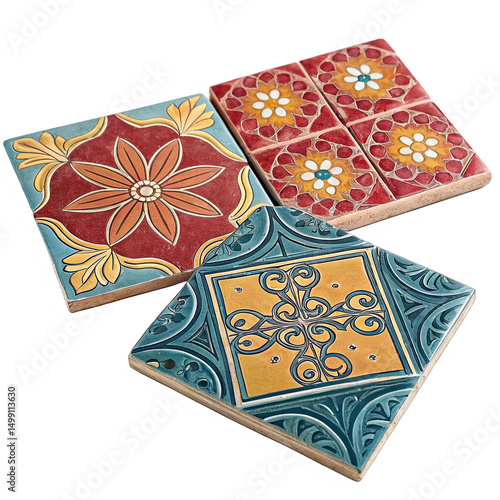 Wallpaper Mural Three ceramic tiles with painted floral and geometric patterns sit against a solid white backdrop. The designs are colorful and detailed Torontodigital.ca