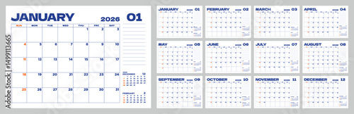 Set of 12 months of monthly calendars for 2026, simple desktop calendar starting on Sunday.
