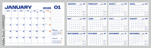 Set of 12 months of monthly calendars for 2026, simple desktop calendar starting on Monday.