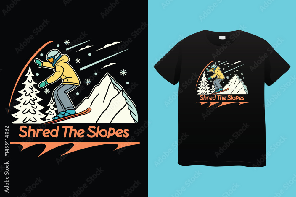 Vector T-Shirt Design of Snowboarder in Winter Landscape, Snowboarding Adventure Scene – Dynamic Winter Sports Illustration, Cartoon Snowboarder in Cold Mountains – Outdoor Sport T-shirt Graphic. Vector T-Shirt Design of Snowboarder in Winter Landscape, Snowboarding Adventure Scene – Dynamic Winter Sports Illustration, Cartoon Snowboarder in Cold Mountains – Outdoor Sport T-shirt Graphic.