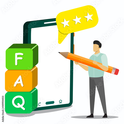 Businessman holding pencil to standing on front of smarphone with stars rating comment and faq beam. Frequently asked questions concept. Customer service support, ask questions and receive answers.