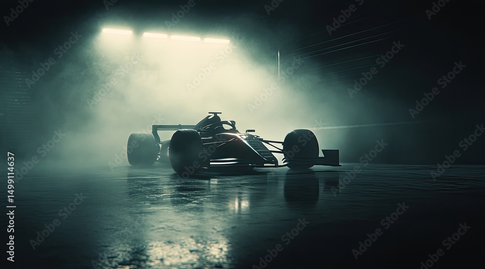 Naklejka premium Sleek, low-slung Formula 1 race car sits in a dimly lit garage, shrouded in fog, its reflection visible on the wet floor under a bright overhead light