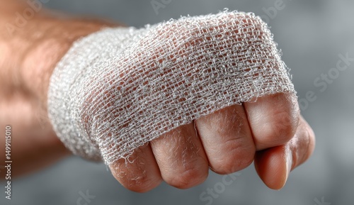 Close-up of a bandaged hand in a fist.