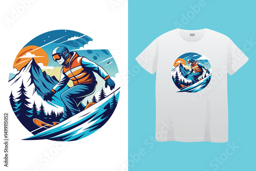 Extreme Snowboard Action with Mountain Background – Sportswear Print, Winter Sport Adventure – Snowboarder Racing in Snowy Mountains.