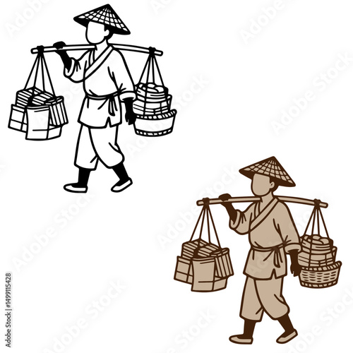 Ancient Vendor, Asian Farmer Carrying Baskets