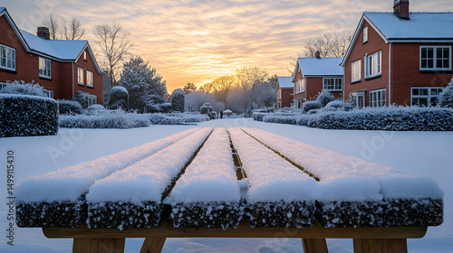 Serene winter morning landscape in a residential area covered with snow