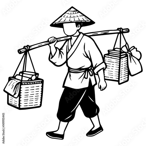 Ancient Vendor, Asian Farmer Carrying Baskets