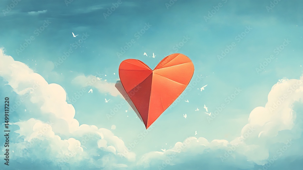 Fototapeta premium A whimsical illustration of a heart-shaped paper plane flying through the sky