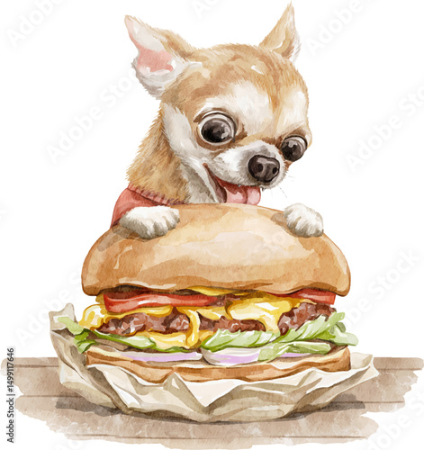 Cute cartoon little puppy dog chihuahua character animal in clothes eat big burger fast food in wrapper on table isolated on white background. Watercolor hand drawn illustration sketch vector