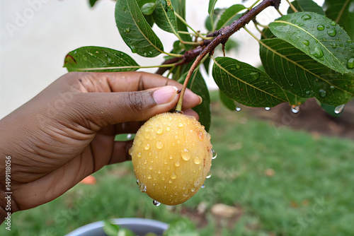 Hand holding a perfectly picked marula berry with dew drops. Organic farming and fresh produce.