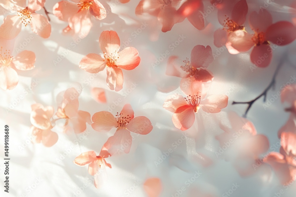 sunlit peach blossoms with soft focus petals isolate on white background sunlit peach blossoms with soft focus petals isolate on white background