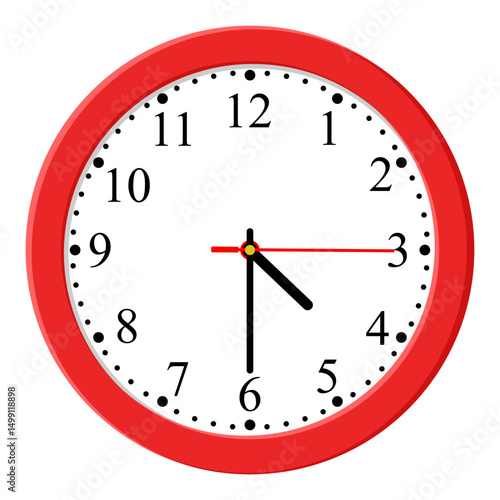 Red Clock icon design on a light background, flat style. Time icon. 16:30 o'clock. Circle badge, symbol, clock sign for website design. 