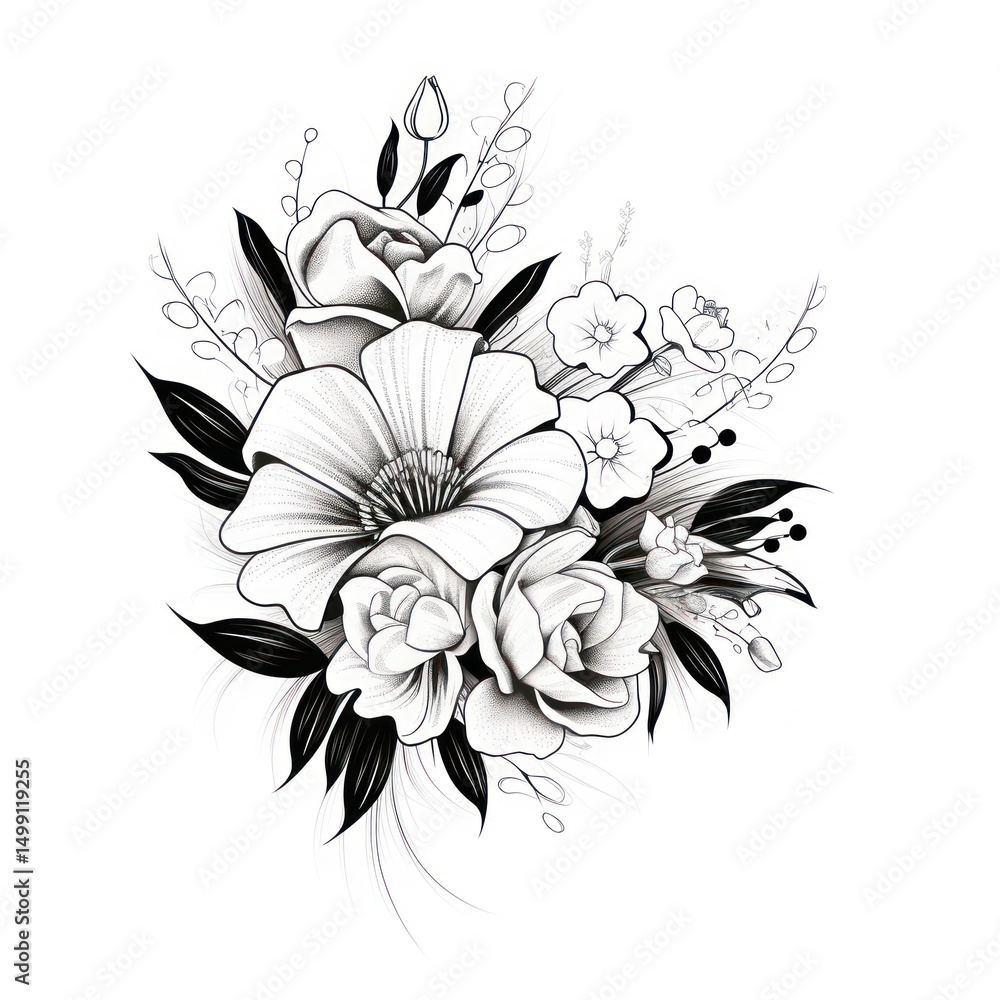 Fototapeta premium Flower bouquet pattern drawing sketch.