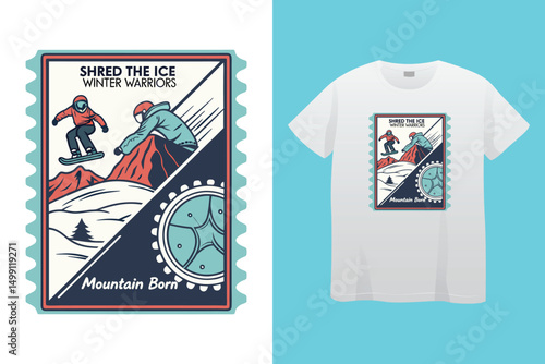 High-Speed Snowboarding in Snow-Covered Forest – Action Sports Design, Stylish Winter Athlete Snowboarding – Retro Vector Graphic for Apparel.