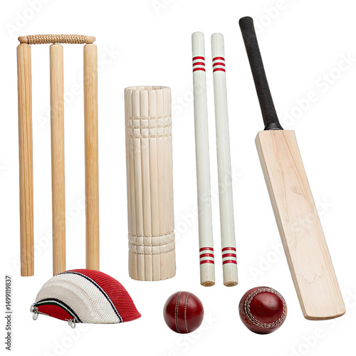 This shows various pieces of cricket equipment including a bat ball wickets with bails and pads. Everything is neatly arranged on a blank white background