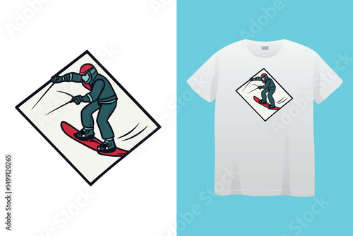 High-Speed Snowboarding in Snow-Covered Forest – Action Sports Design, Stylish Winter Athlete Snowboarding – Retro Vector Graphic for Apparel.