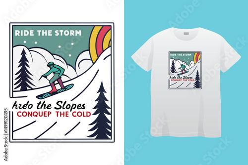 High-Speed Snowboarding in Snow-Covered Forest – Action Sports Design, Stylish Winter Athlete Snowboarding – Retro Vector Graphic for Apparel.