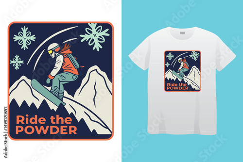 High-Speed Snowboarding in Snow-Covered Forest – Action Sports Design, Stylish Winter Athlete Snowboarding – Retro Vector Graphic for Apparel.