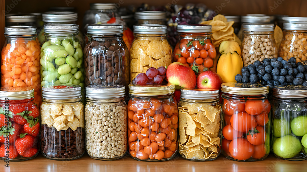 Abundant pantry with mason jars filled with fruits vegetables and various foodstuffs Abundant pantry with mason jars filled with fruits vegetables and various foodstuffs