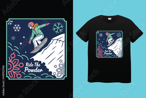 High-Speed Snowboarding in Snow-Covered Forest – Action Sports Design, Stylish Winter Athlete Snowboarding – Retro Vector Graphic for Apparel.