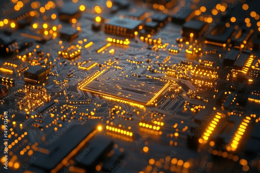 Close-up view of an intricate computer processor circuit board featuring electronic components and illuminated connections highlighting modern technology Close-up view of an intricate computer processor circuit board featuring electronic components and illuminated connections highlighting modern technology