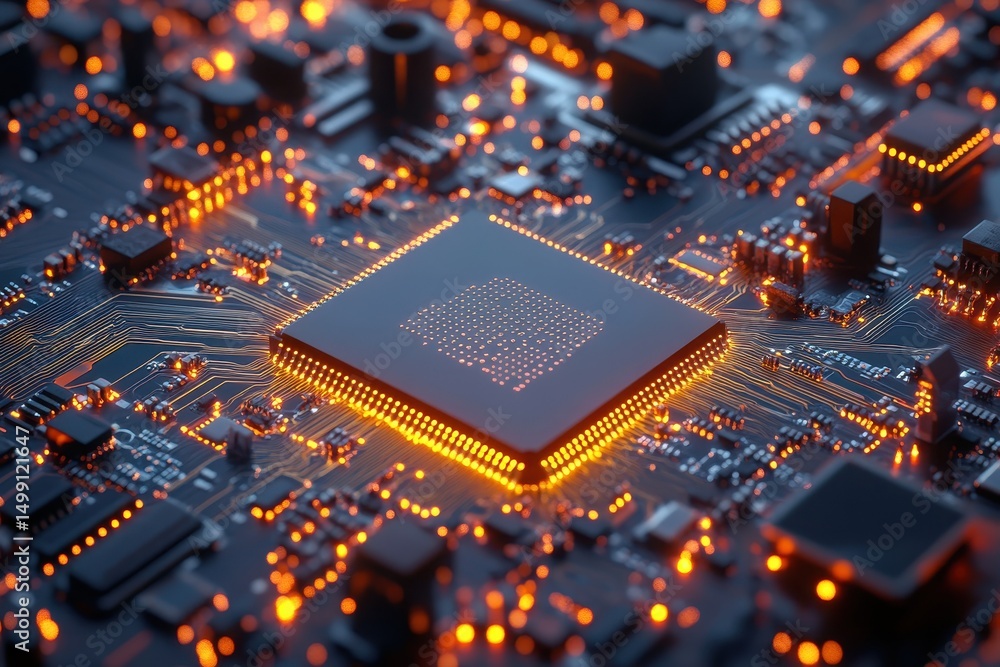 Exploration of a detailed computer processor circuit board microchip design showcasing intricate connections and vibrant lighting elements Exploration of a detailed computer processor circuit board microchip design showcasing intricate connections and vibrant lighting elements