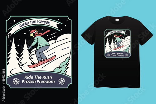 High-Speed Snowboarding in Snow-Covered Forest – Action Sports Design, Stylish Winter Athlete Snowboarding – Retro Vector Graphic for Apparel.