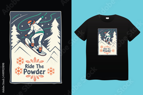 High-Speed Snowboarding in Snow-Covered Forest – Action Sports Design, Stylish Winter Athlete Snowboarding – Retro Vector Graphic for Apparel.