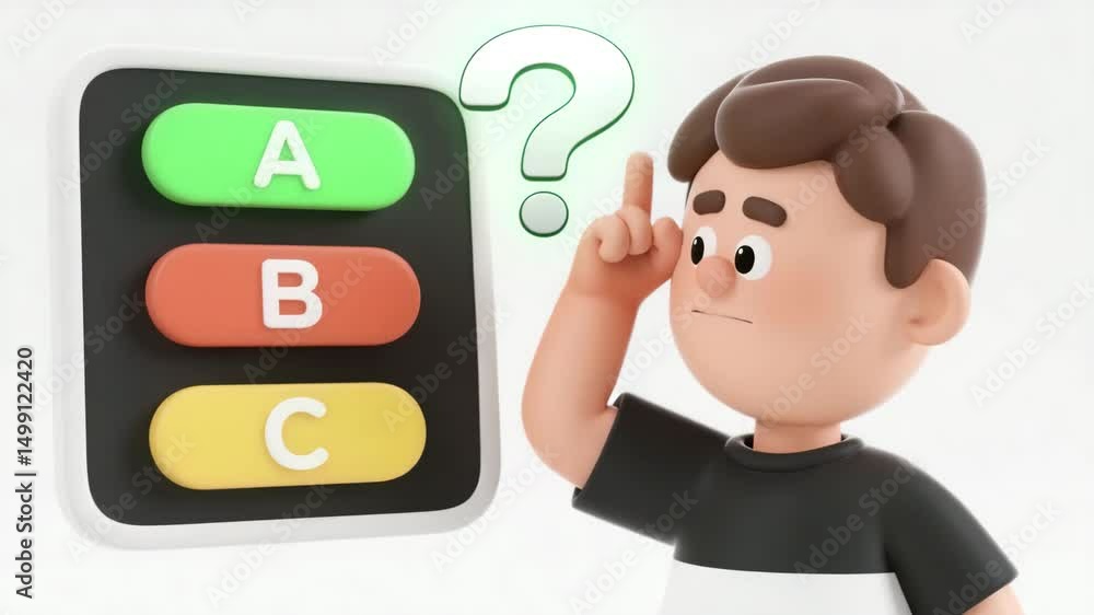 Confused 3D cartoon boy scratching head in front of floating ABC quiz panel with colorful buttons A B C A glowing green question mark appears above his head Education decision learning animation Confused 3D cartoon boy scratching head in front of floating ABC quiz panel with colorful buttons A B C A glowing green question mark appears above his head Education decision learning animation