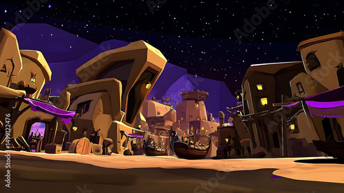Wallpaper Mural Starlit Desert Town at Night with Purple Canopies Torontodigital.ca